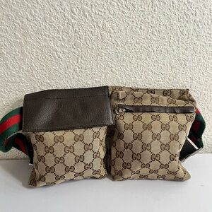 Gucci Beige Brown GG Canvas Dual Pouch Belt Bag with Green-Red Web Strap